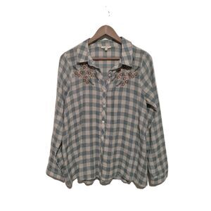 Mystree Emb Dusty Green L/S Gingham Plaid S Women's Button Front Woven Shirt